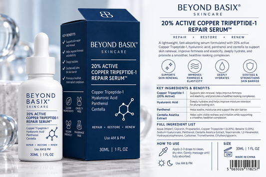 Beyond Basix Blue Copper Peptide Repair Serum bottle, navy box, ingredients, benefits and directions